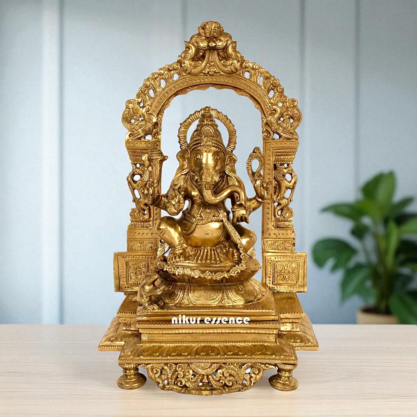 Ganesha seated on kirtimukha throne Bronze Panchaloha idol - 14 Inches Nikuressence