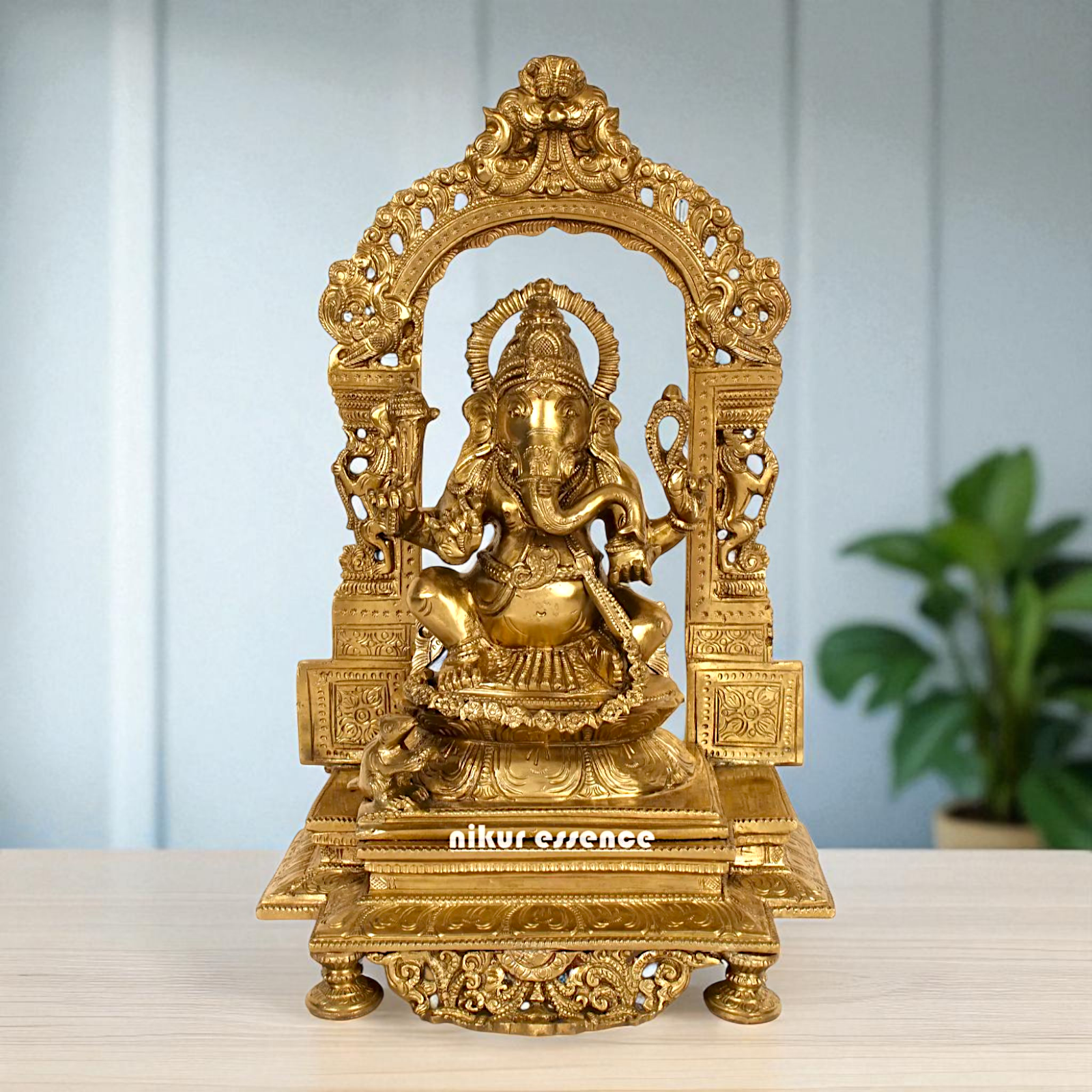 Ganesha seated on kirtimukha throne Bronze Panchaloha idol - 14 Inches Nikuressence