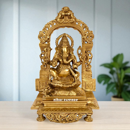 Ganesha seated on kirtimukha throne Bronze Panchaloha idol - 14 Inches Nikuressence