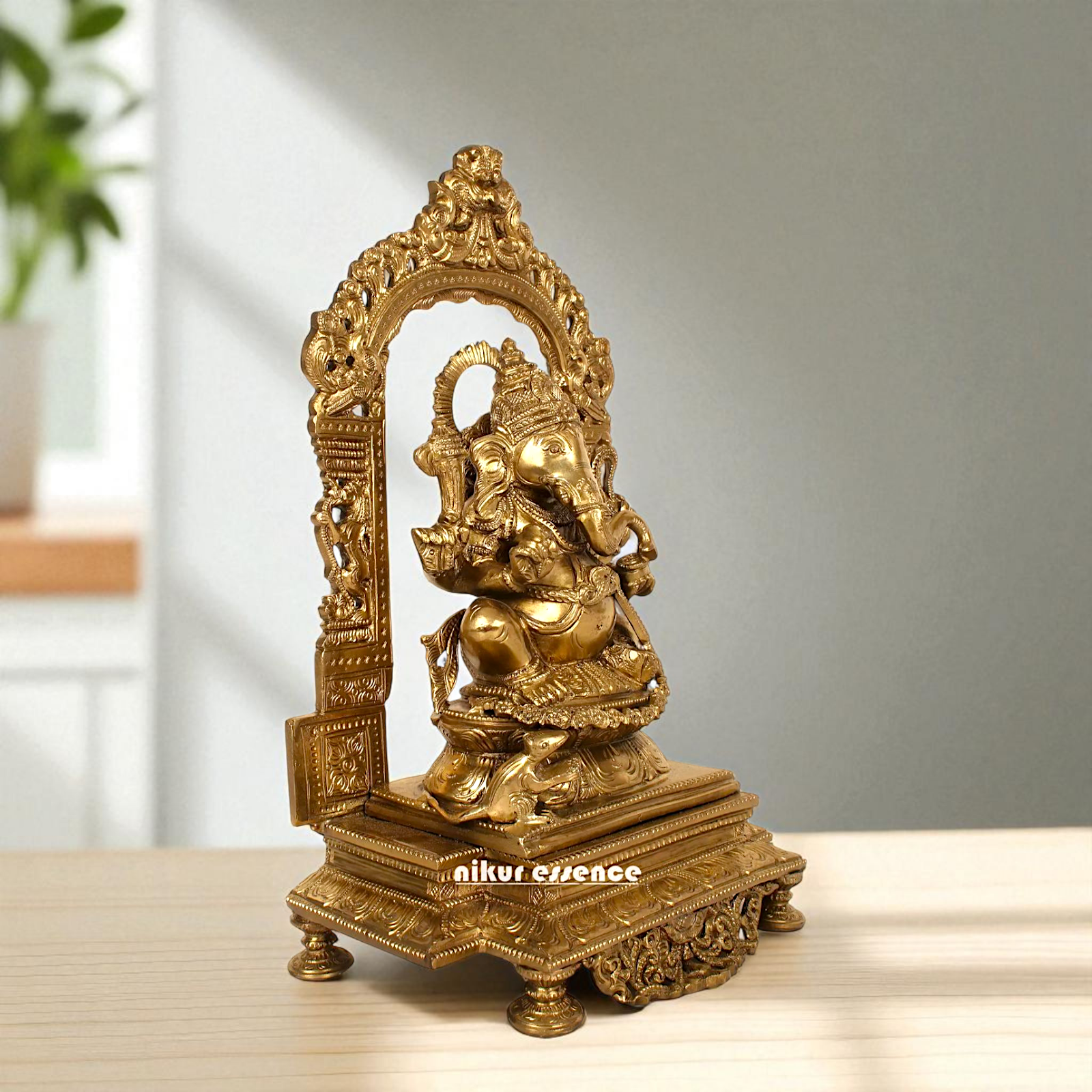 Ganesha seated on kirtimukha throne Bronze Panchaloha idol - 14 Inches Nikuressence