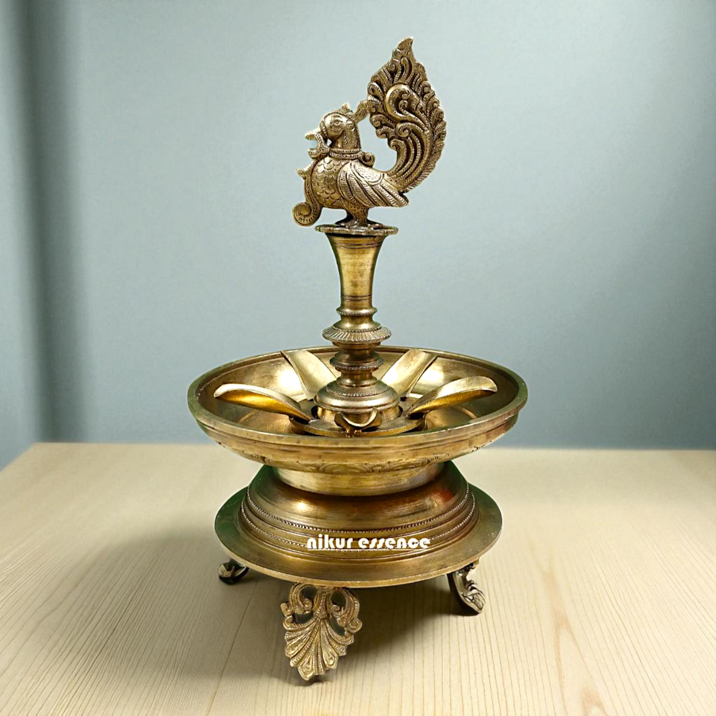 Peacock Diya wick lamp Bronze Panchaloha - 13 Inches Nikuressence