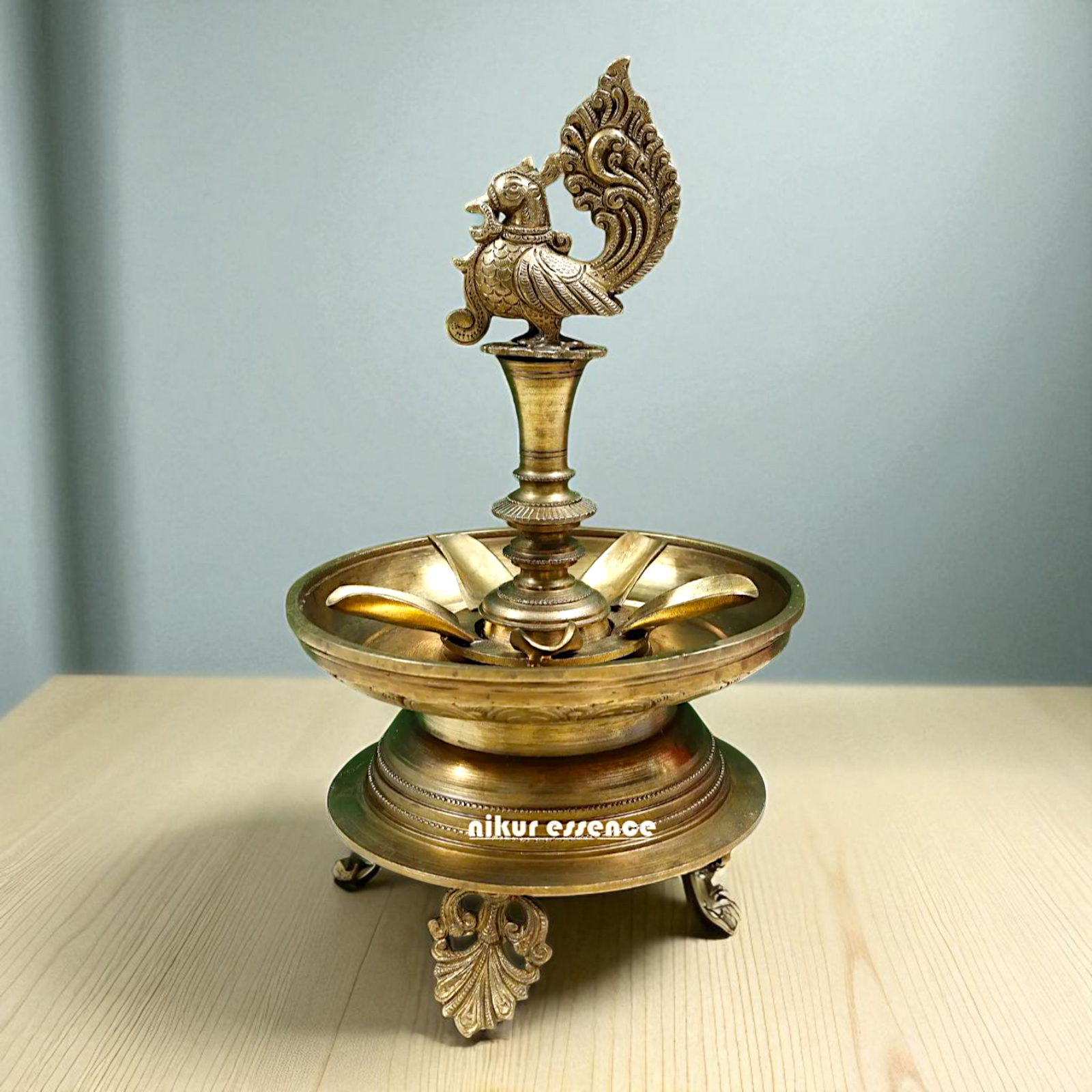 Peacock Diya wick lamp Bronze Panchaloha - 13 Inches Nikuressence