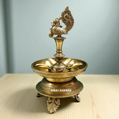 Peacock Diya wick lamp Bronze Panchaloha - 13 Inches Nikuressence