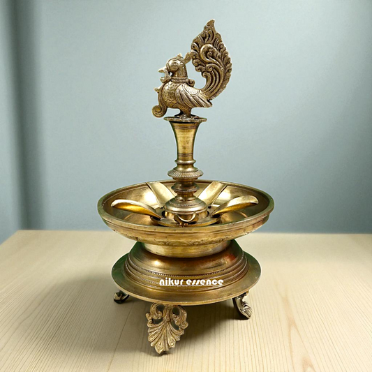 Peacock Diya wick lamp Bronze Panchaloha - 13 Inches Nikuressence