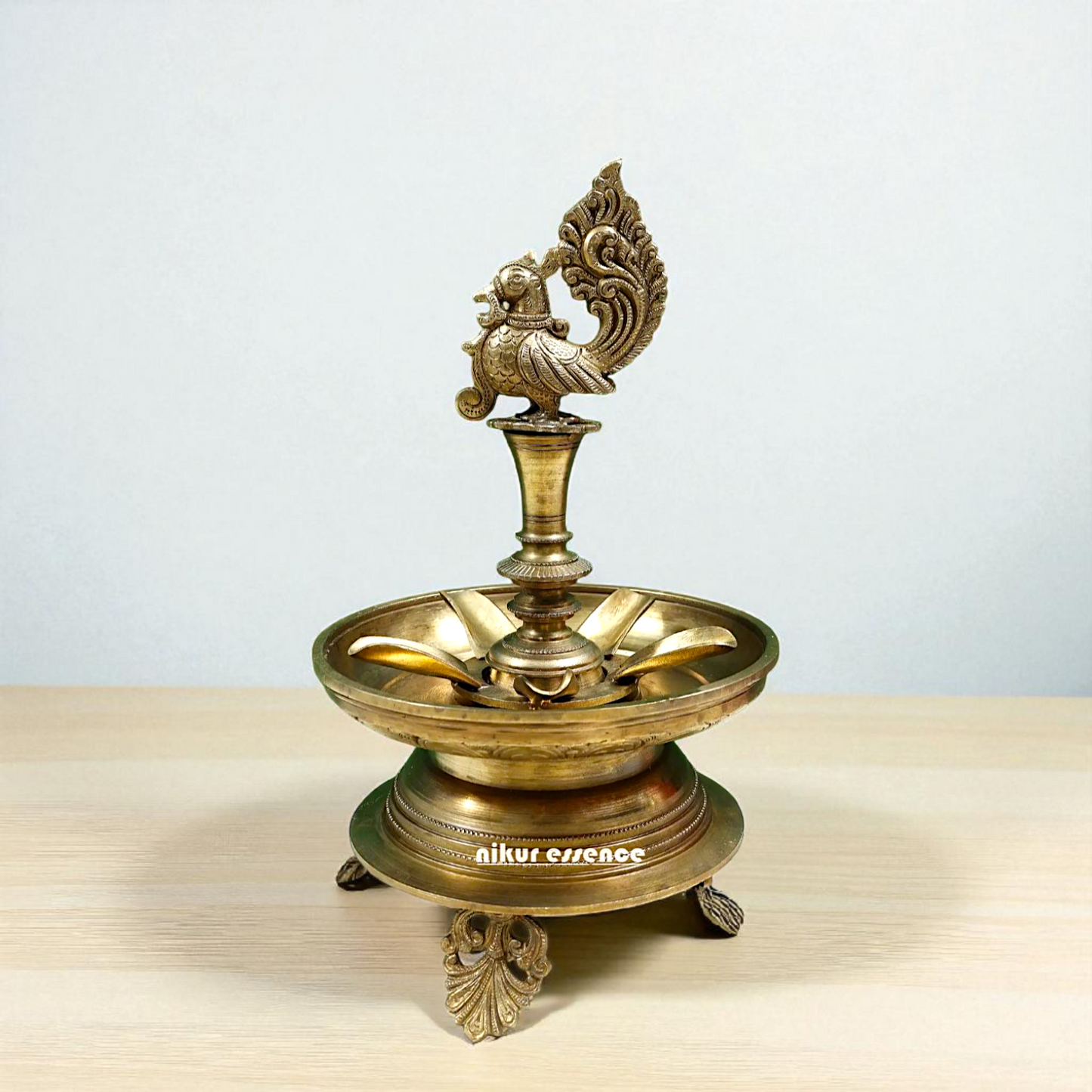 Peacock Diya wick lamp Bronze Panchaloha - 13 Inches Nikuressence