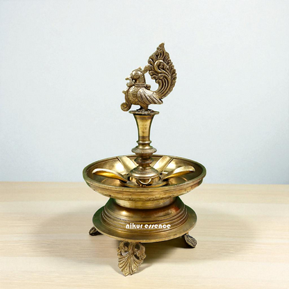 Peacock Diya wick lamp Bronze Panchaloha - 13 Inches Nikuressence