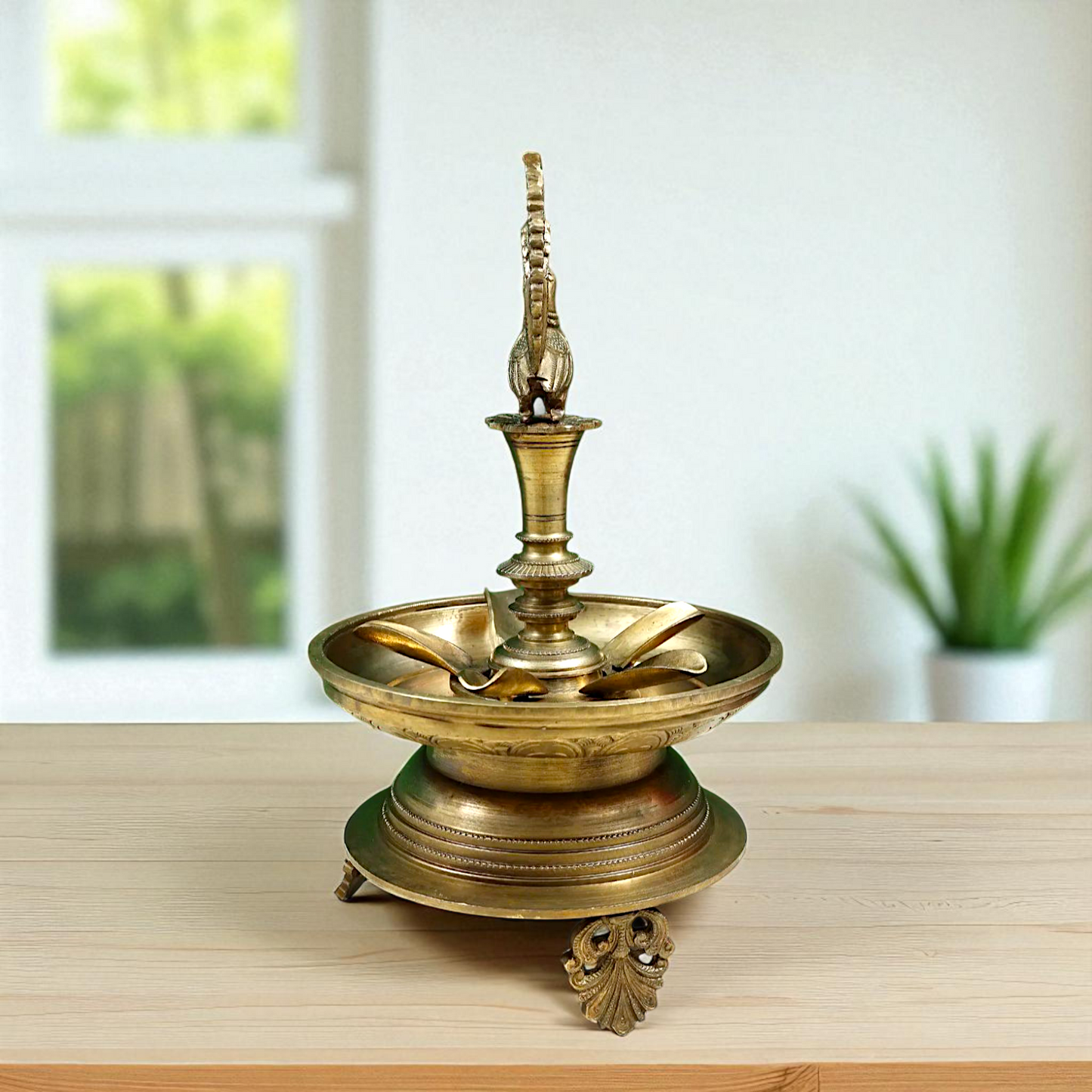 Peacock Diya wick lamp Bronze Panchaloha - 13 Inches Nikuressence