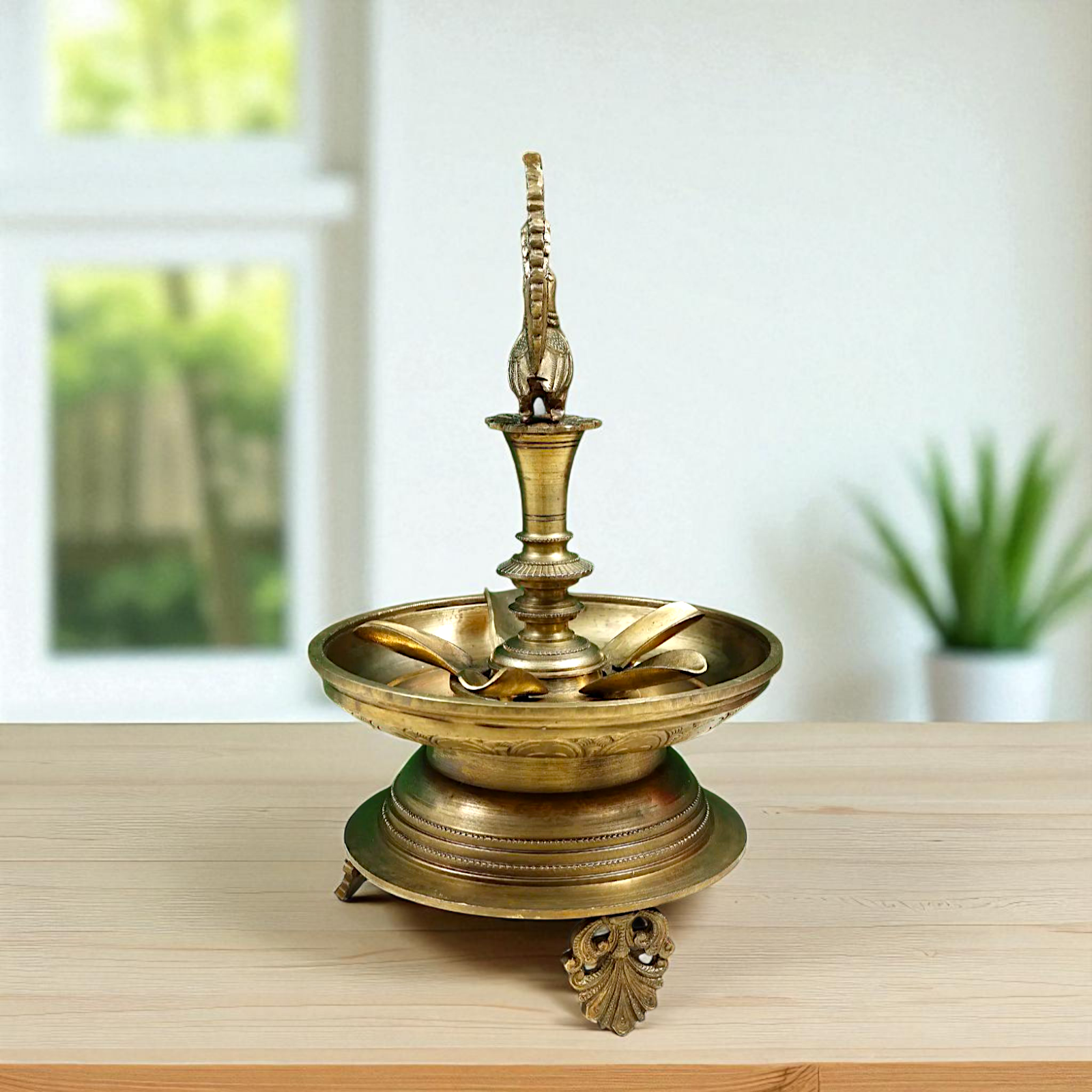 Peacock Diya wick lamp Bronze Panchaloha - 13 Inches Nikuressence