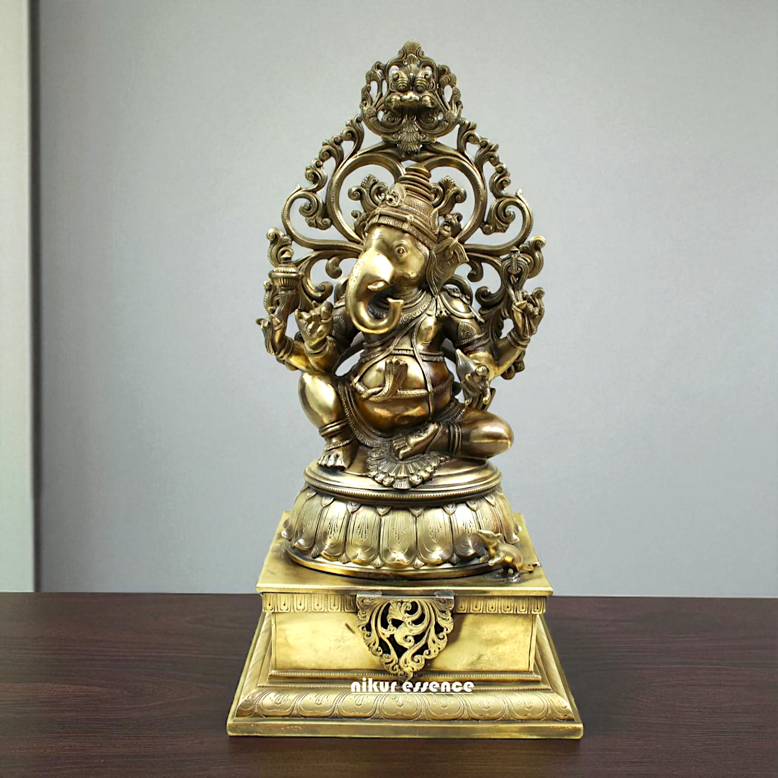Lord Ganesha Bhagwan Seated on kirtimukha throne Bronze Panchaloha idol - 21 Inches Nikuressence