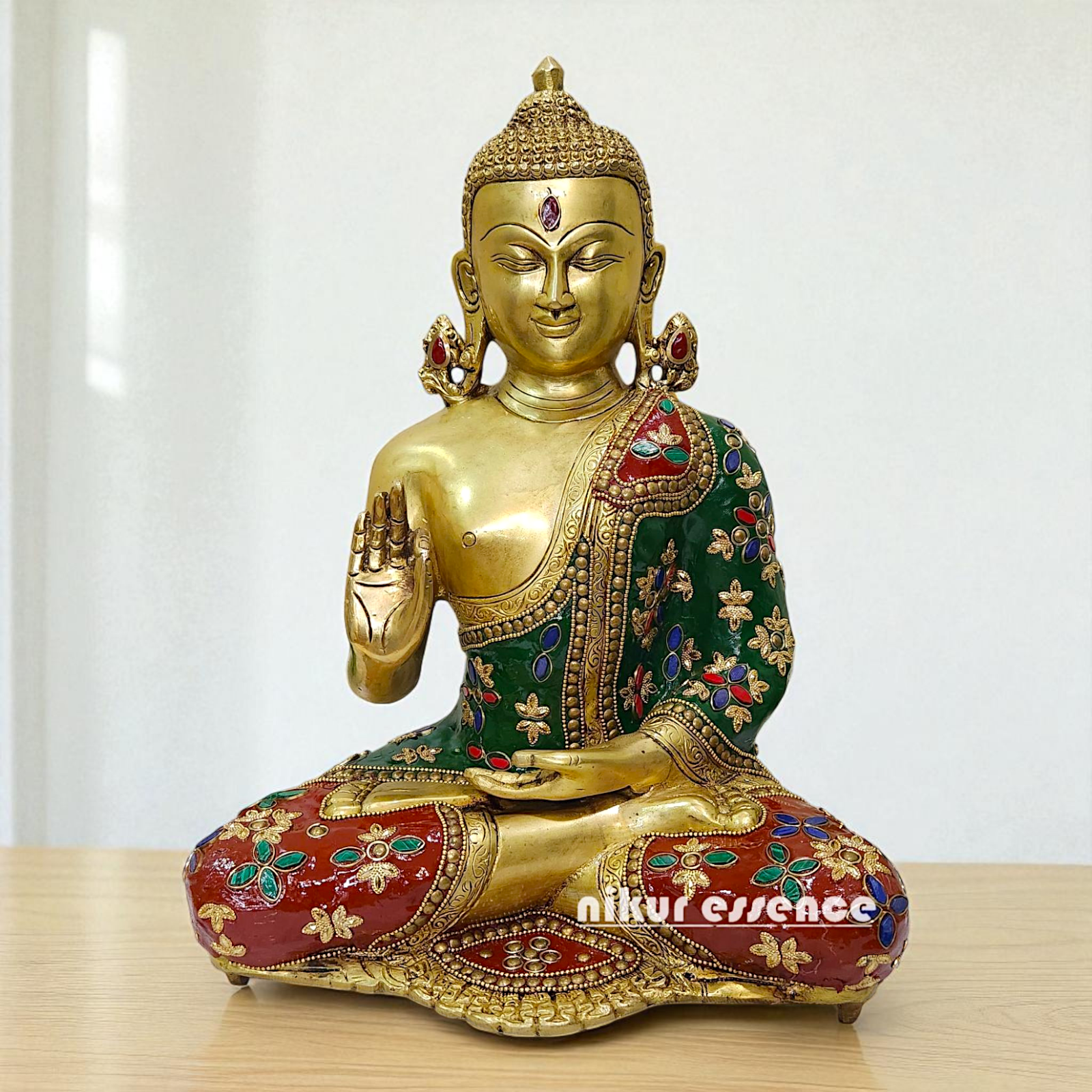 Brass Buddha Seated with Blessing stone work idol - 12.5 Inches Nikuressence