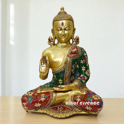 Brass Buddha Seated with Blessing stone work idol - 12.5 Inches Nikuressence