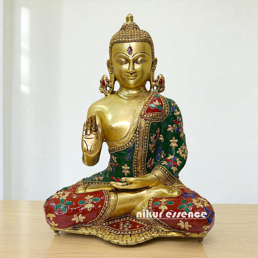 Brass Buddha Seated with Blessing stone work idol - 12.5 Inches Nikuressence