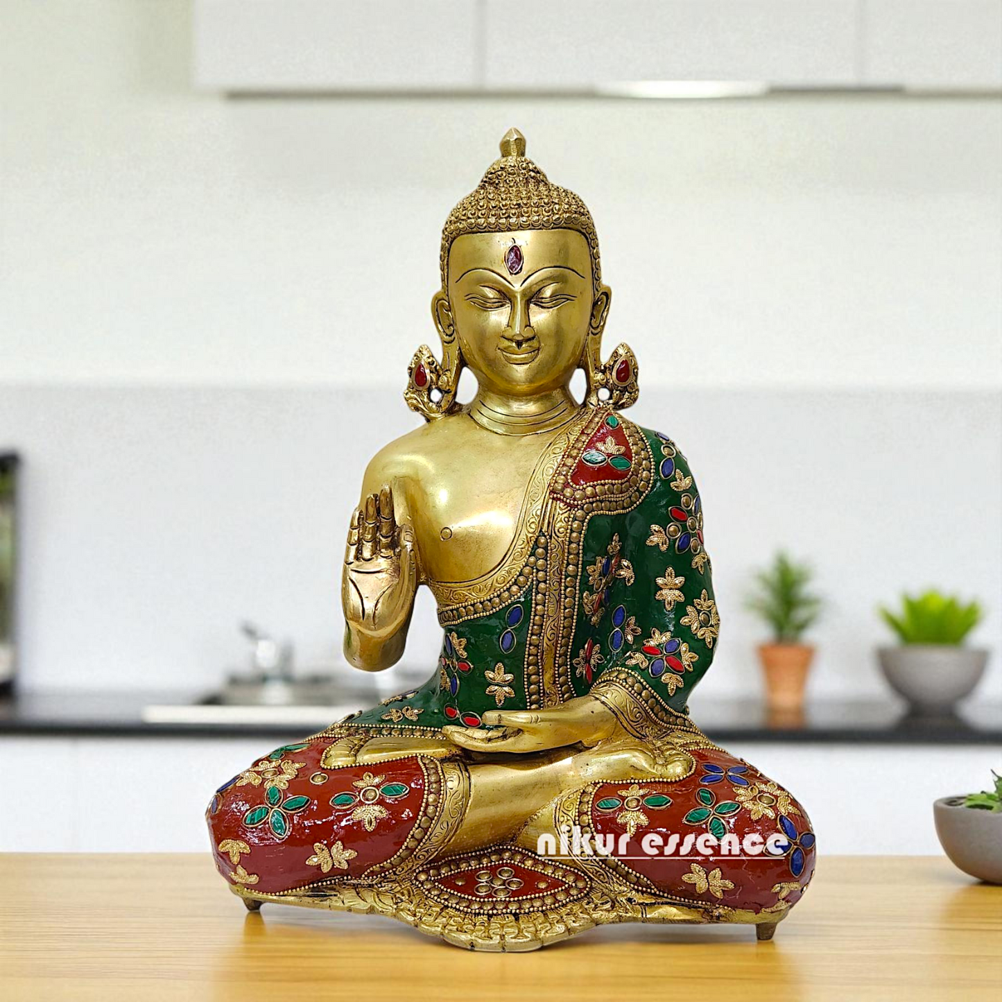 Brass Buddha Seated with Blessing stone work idol - 12.5 Inches Nikuressence