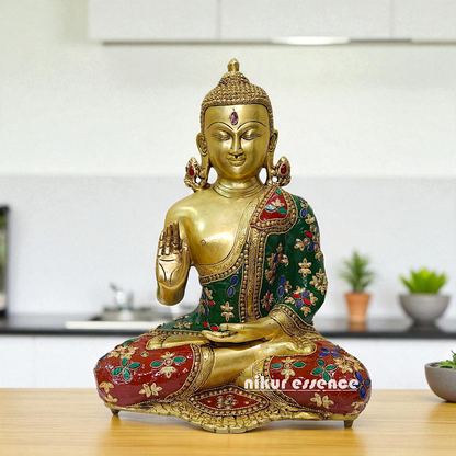Brass Buddha Seated with Blessing stone work idol - 12.5 Inches Nikuressence