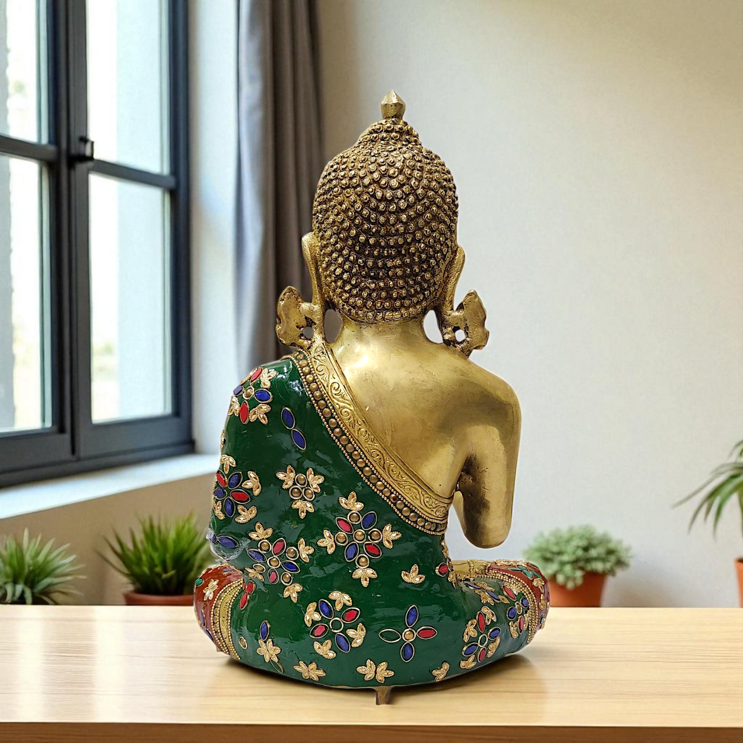 Brass Buddha Seated with Blessing stone work idol - 12.5 Inches Nikuressence