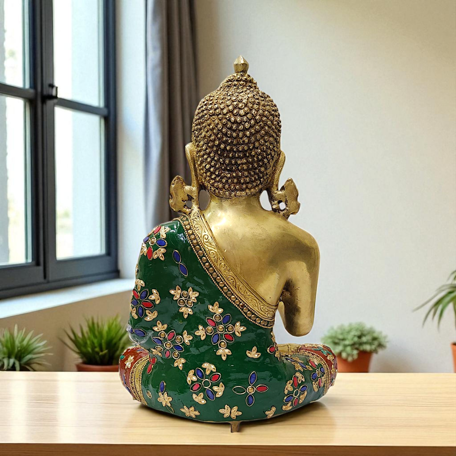 Brass Buddha Seated with Blessing stone work idol - 12.5 Inches Nikuressence