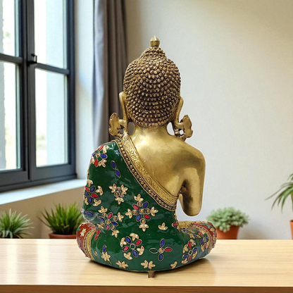 Brass Buddha Seated with Blessing stone work idol - 12.5 Inches Nikuressence