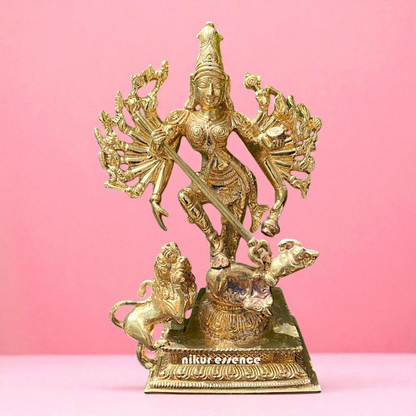 Goddess Mahishasura Mardini Durga Devi with lion Panchaloha/Bronze idol - 7.5 Inches Nikuressence