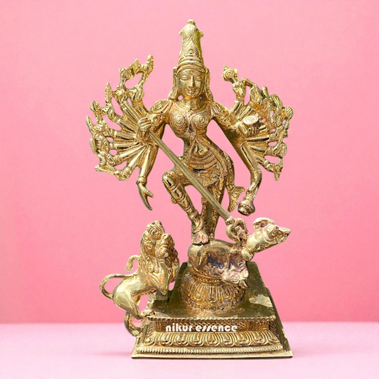 Goddess Mahishasura Mardini Durga Devi with lion Panchaloha/Bronze idol - 7.5 Inches Nikuressence