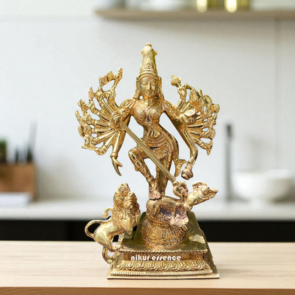 Goddess Mahishasura Mardini Durga Devi with lion Panchaloha/Bronze idol - 7.5 Inches Nikuressence