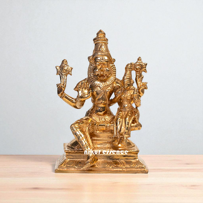 Panchaloha Narasimha Vishnu with Lakshmi Maa Seated Bronze statue - 3.1 Inches Nikuressence
