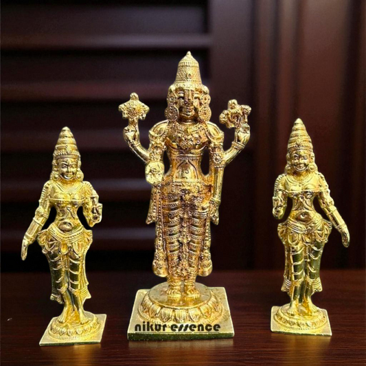 Srinivasa with Goddess Sridevi and Bhudevi Bronze/Panchaloha idol - 6.8 Inches Nikuressence
