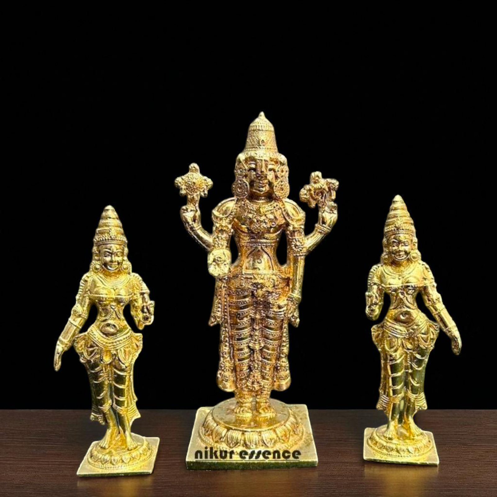 Srinivasa with Goddess Sridevi and Bhudevi Bronze/Panchaloha idol - 6.8 Inches Nikuressence