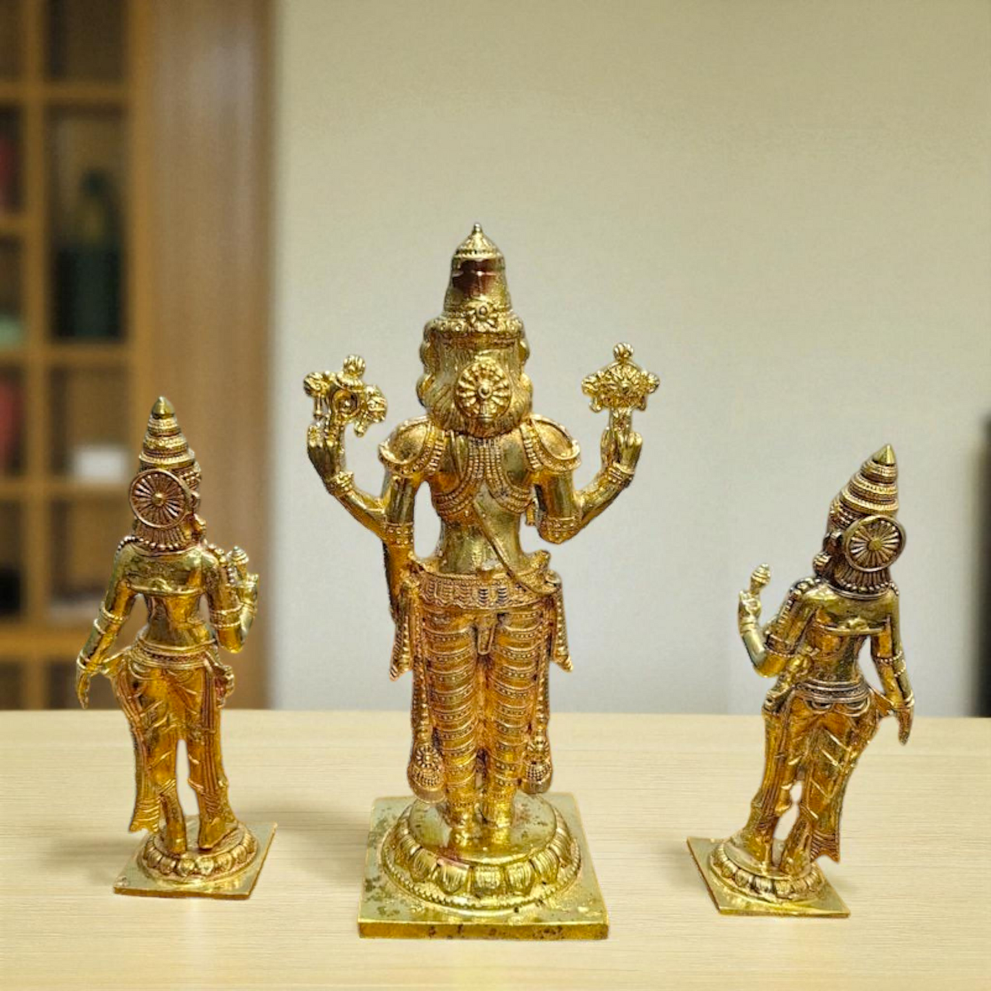 Srinivasa with Goddess Sridevi and Bhudevi Bronze/Panchaloha idol - 6.8 Inches Nikuressence