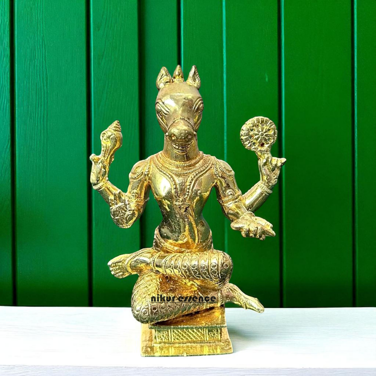 Hayagriva Vishnu Bhagwan Avtar seated on throne Bronze/Panchaloha idol - 6 Inches Nikuressence