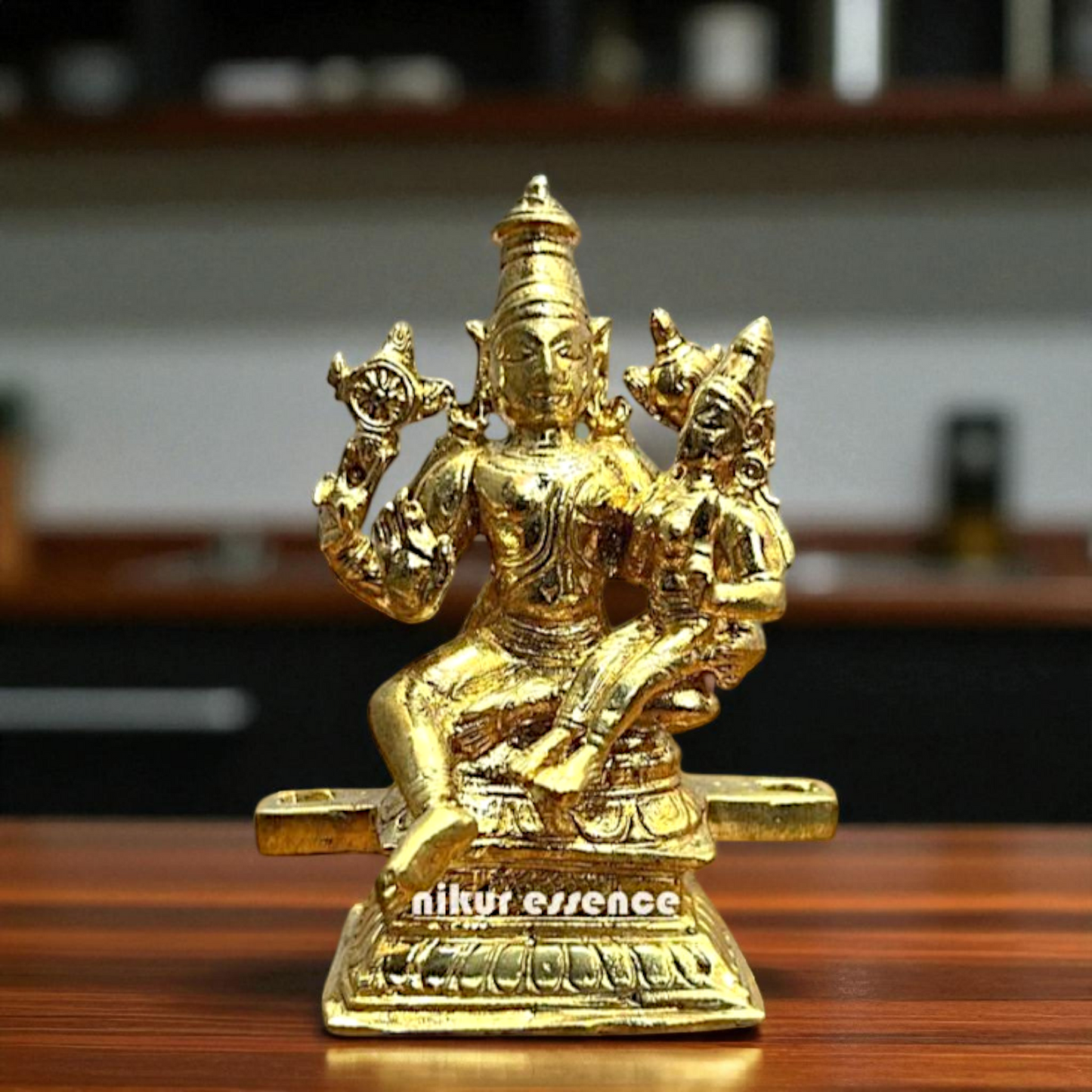 Narayan with Lakshmi Seated Blessing Bronze/Panchaloha idol - 3.8 Inches Nikuressence