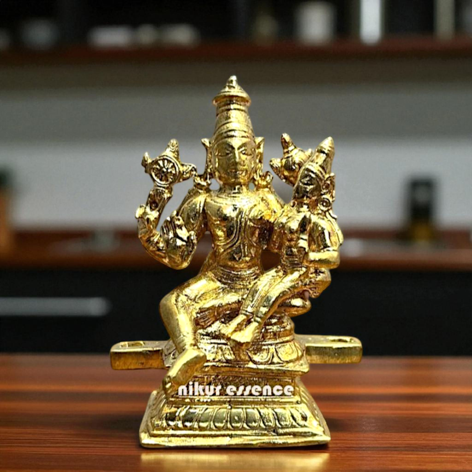 Narayan with Lakshmi Seated Blessing Bronze/Panchaloha idol - 3.8 Inches Nikuressence