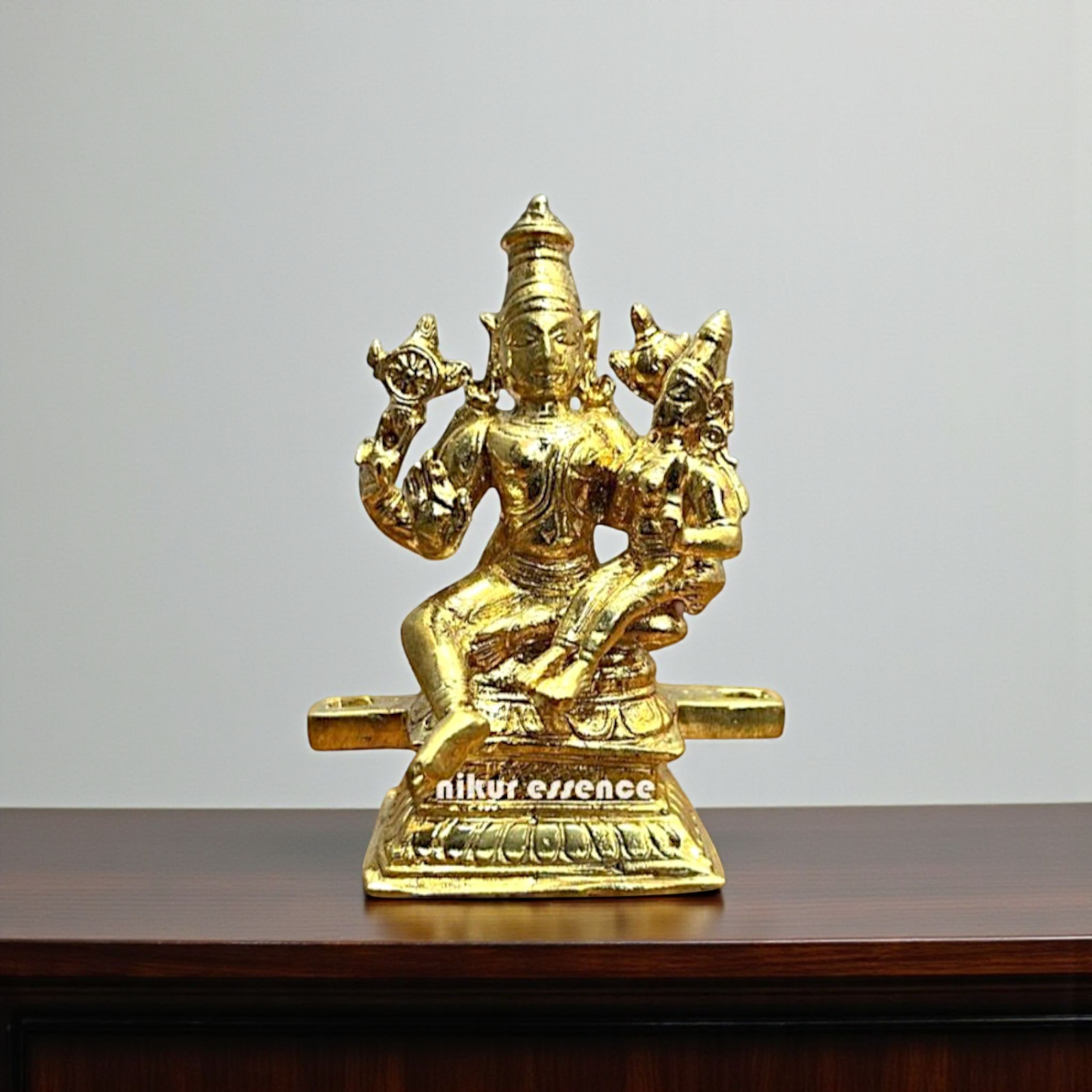 Narayan with Lakshmi Seated Blessing Bronze/Panchaloha idol - 3.8 Inches Nikuressence