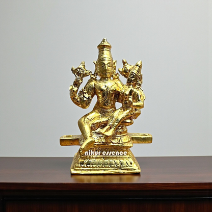 Narayan with Lakshmi Seated Blessing Bronze/Panchaloha idol - 3.8 Inches Nikuressence