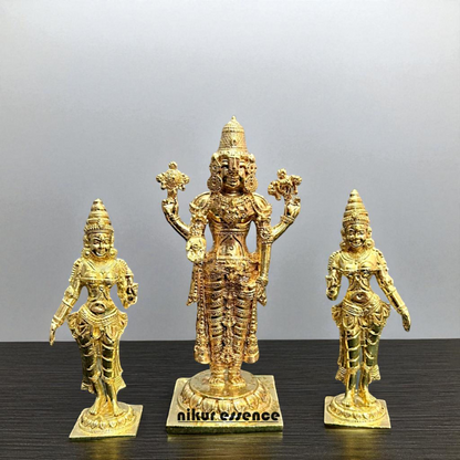 Srinivasa with Sridevi and Bhudevi Bronze/Panchaloha idol - 6.8 Inches Nikuressence