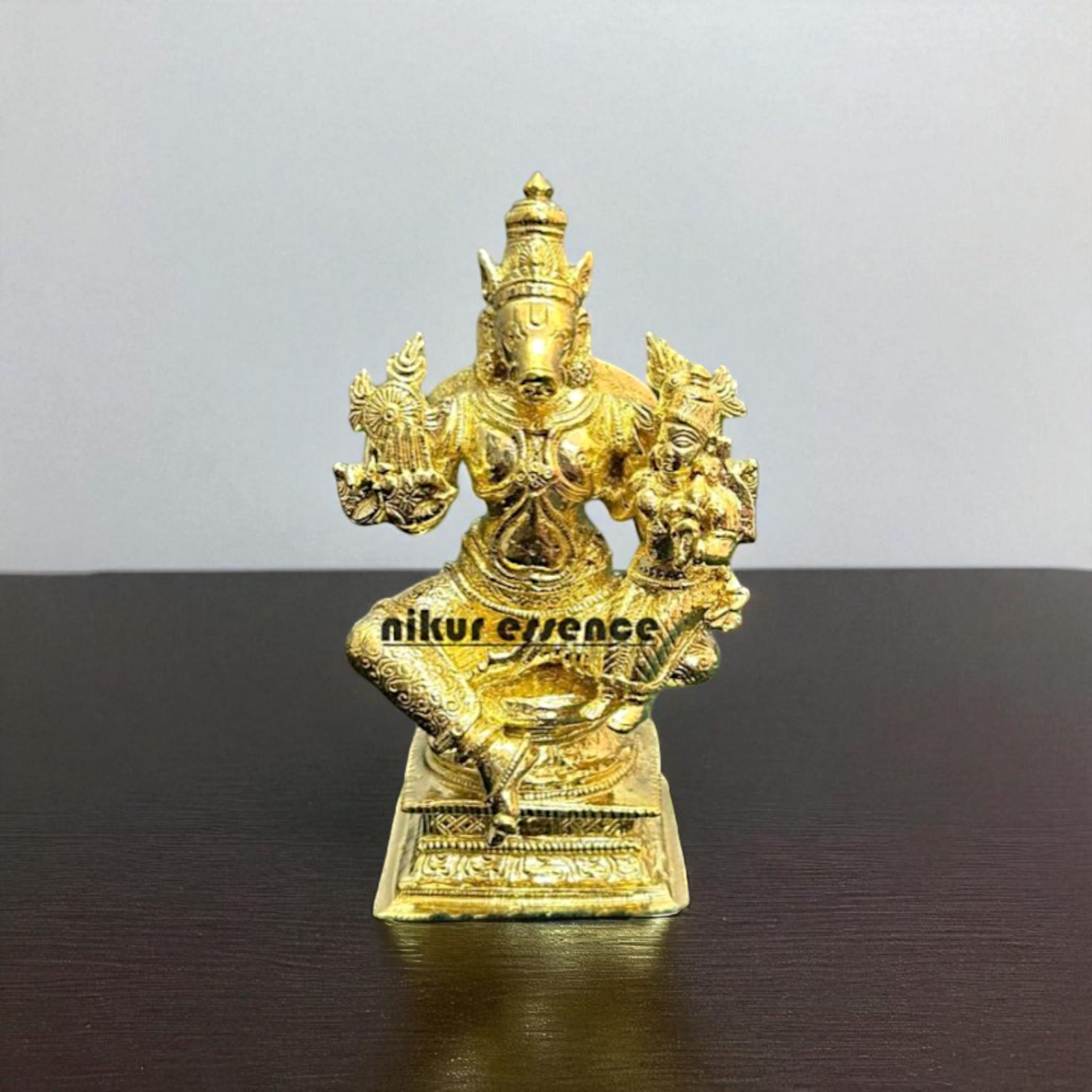 Vishnu varaha Bhagwan with Lakshmi seated Blessing Bronze/Panchaloha idol - 4.8 Inches Nikuressence