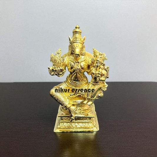 Vishnu varaha Bhagwan with Lakshmi seated Blessing Bronze/Panchaloha idol - 4.8 Inches Nikuressence