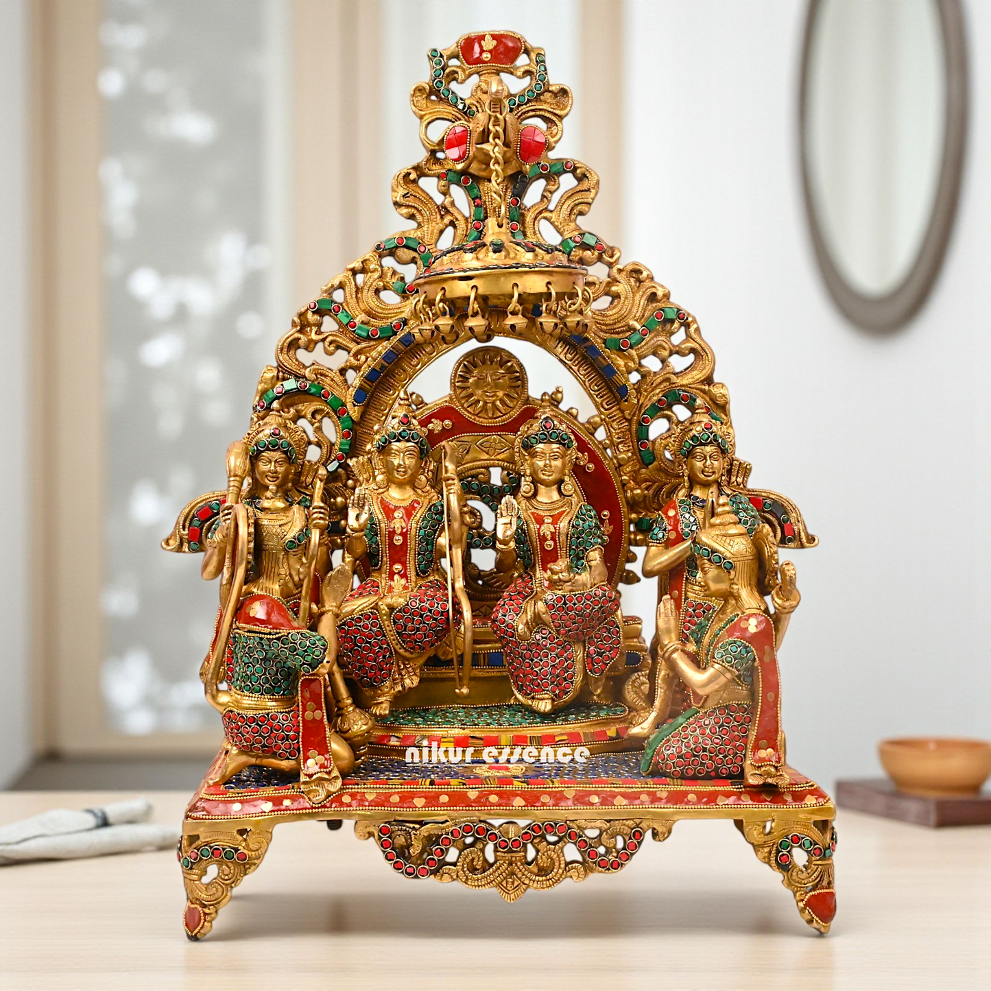 Big Ram Darbar seated on singhasan with bells Brass stone work idol - 23.5 Inches Nikuressence