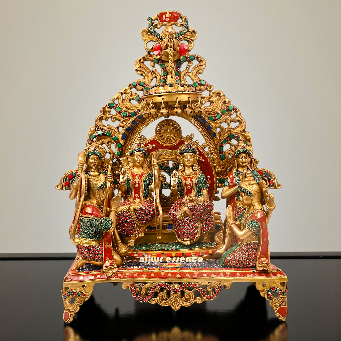 Big Ram Darbar seated on singhasan with bells Brass stone work idol - 23.5 Inches Nikuressence