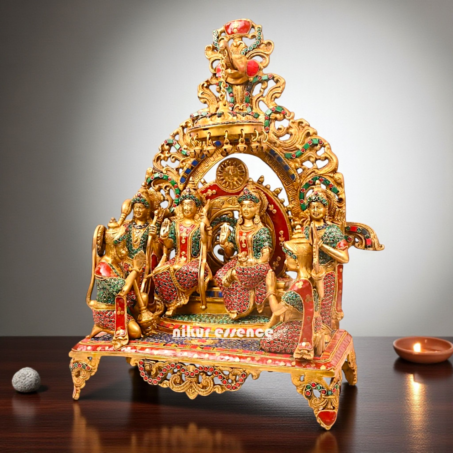 Big Ram Darbar seated on singhasan with bells Brass stone work idol - 23.5 Inches Nikuressence