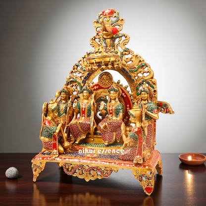 Big Ram Darbar seated on singhasan with bells Brass stone work idol - 23.5 Inches Nikuressence