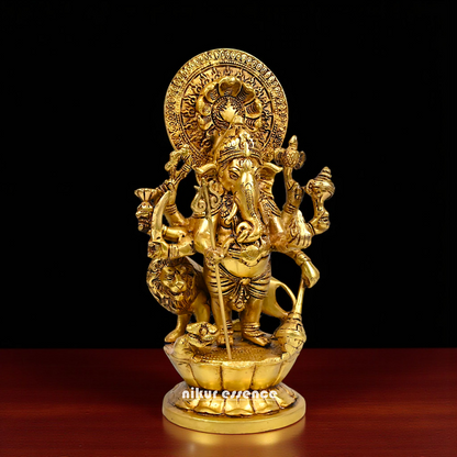 Ganesha standing with lion Brass statue - 11 Inches Nikuressence