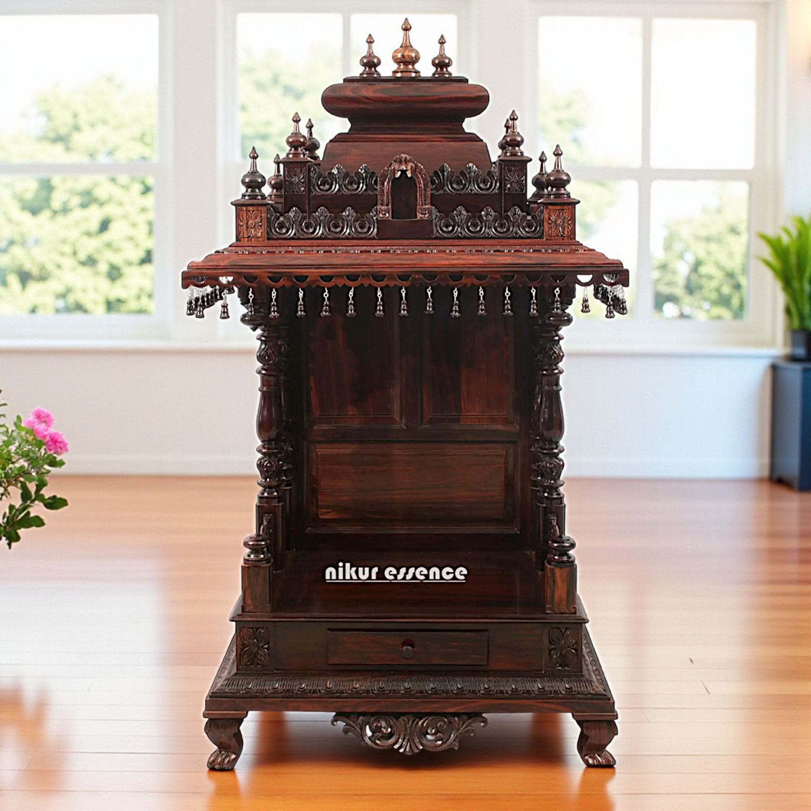 Nikur Essence Handcrafted Large Rosewood Wooden Temple with Carvings, Bells & Storage Drawer Nikuressence