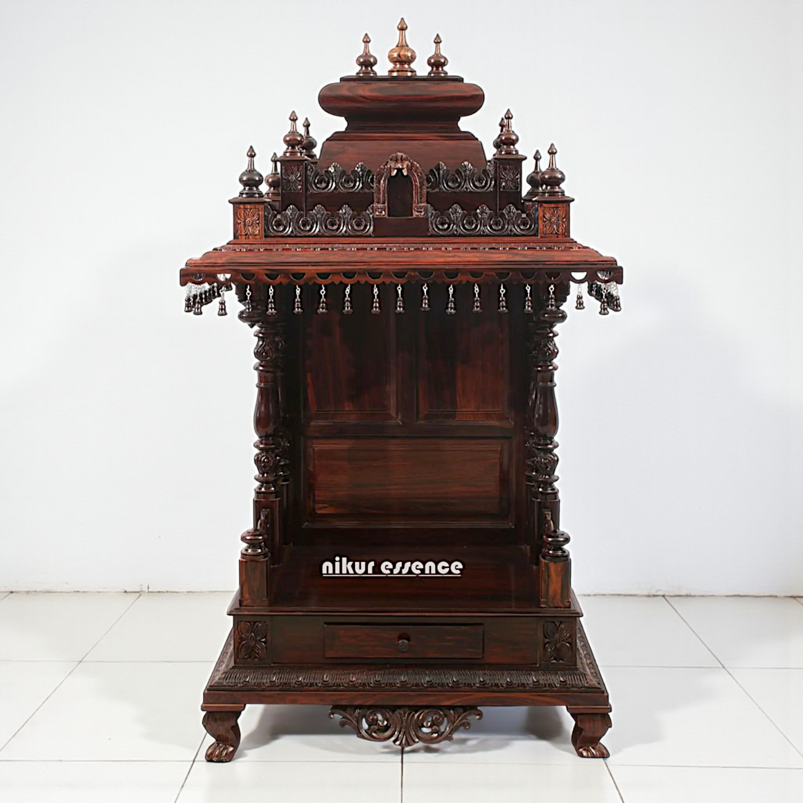 Nikur Essence Handcrafted Large Rosewood Wooden Temple with Carvings, Bells & Storage Drawer Nikuressence