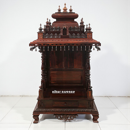 Nikur Essence Handcrafted Large Rosewood Wooden Temple with Carvings, Bells & Storage Drawer Nikuressence