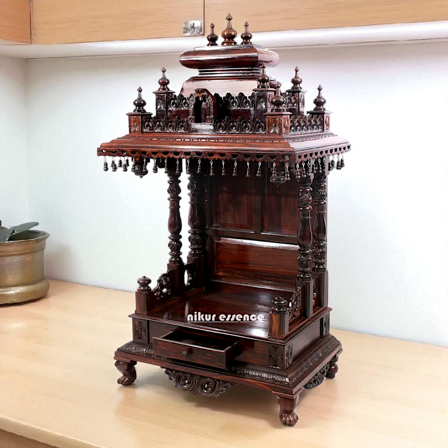 Nikur Essence Handcrafted Large Rosewood Wooden Temple with Carvings, Bells & Storage Drawer Nikuressence