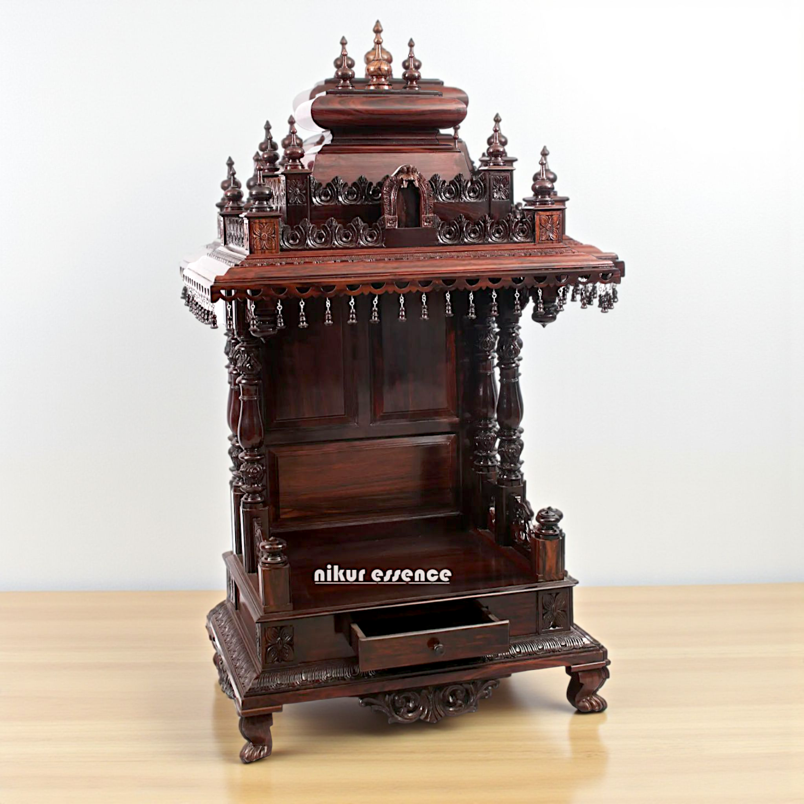 Nikur Essence Handcrafted Large Rosewood Wooden Temple with Carvings, Bells & Storage Drawer Nikuressence