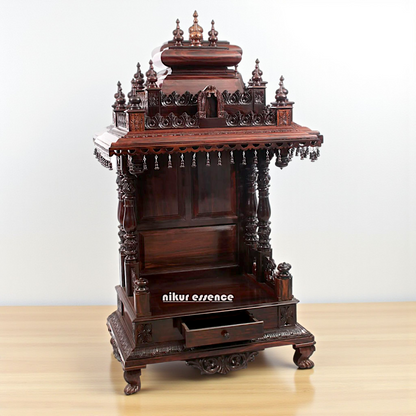Nikur Essence Handcrafted Large Rosewood Wooden Temple with Carvings, Bells & Storage Drawer Nikuressence