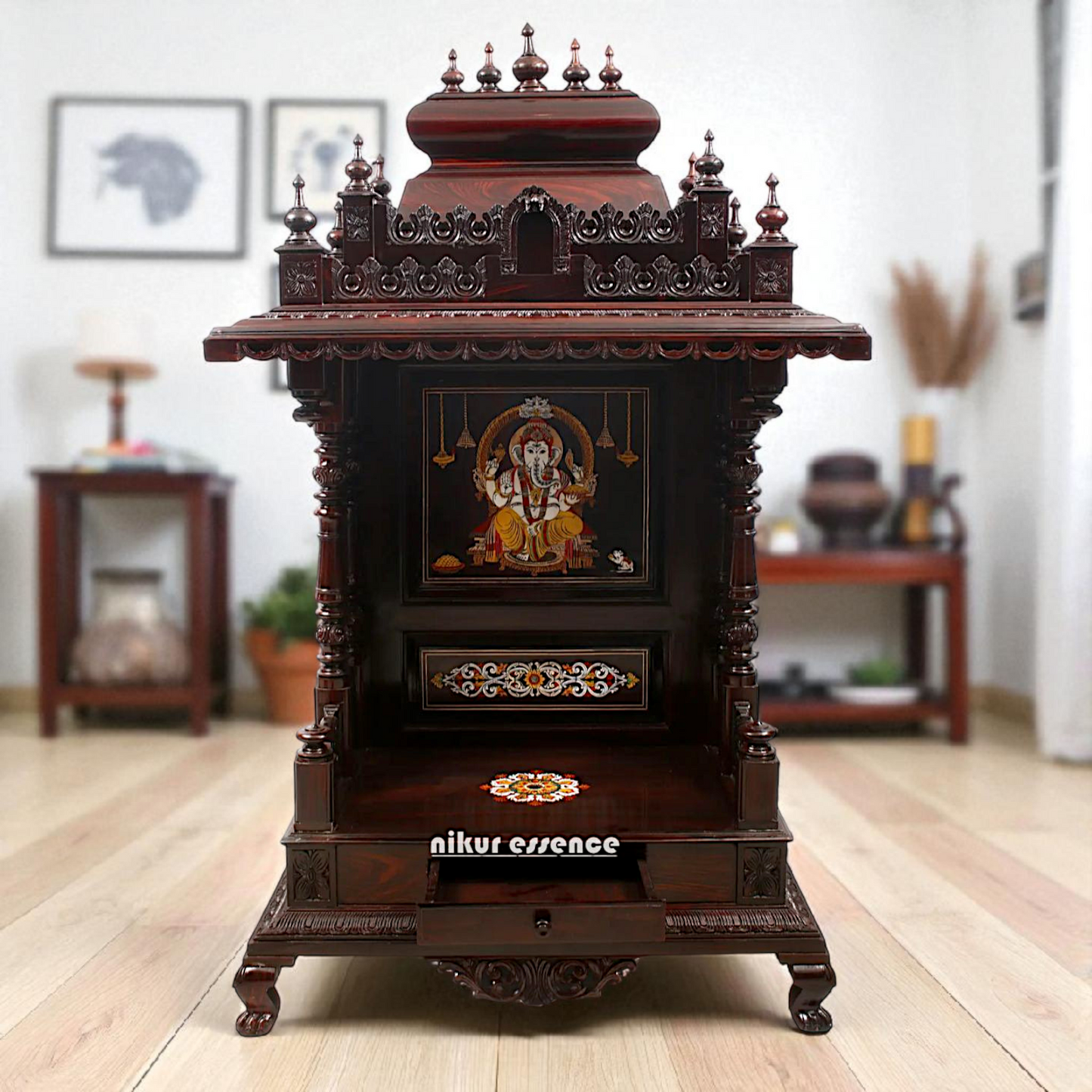 Nikur Essence Large Rosewood Puja Temple with Ganesha Inlay & South Indian Style Shikhara Nikuressence