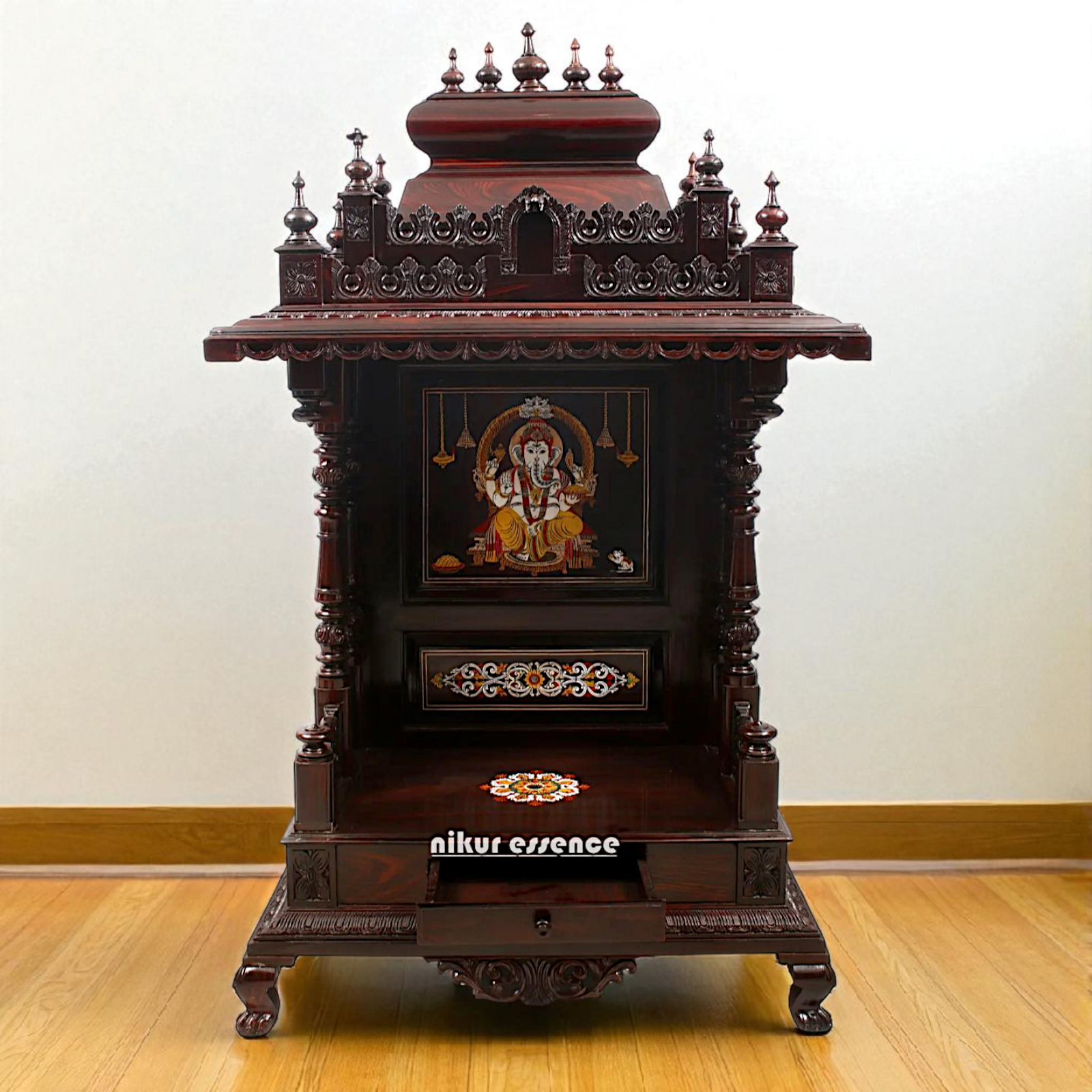 Nikur Essence Large Rosewood Puja Temple with Ganesha Inlay & South Indian Style Shikhara Nikuressence