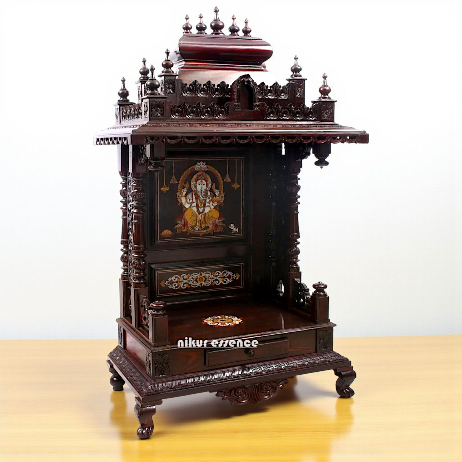 Nikur Essence Large Rosewood Puja Temple with Ganesha Inlay & South Indian Style Shikhara Nikuressence